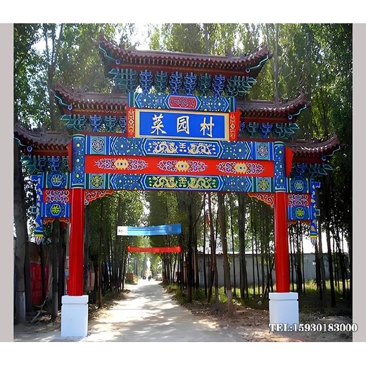 村口仿古大門施工，兩柱四柱古建牌樓牌樓金越園林雕塑款式新穎
