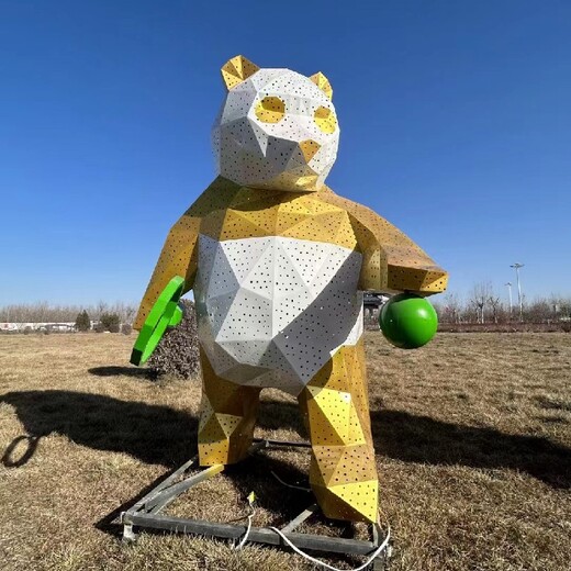 幾何不銹鋼熊雕塑抽象動物雕塑景觀擺件