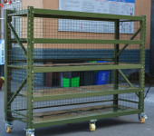 四川货架厂军绿色货架定制多层可调节仓储架带轮子物资存储货架