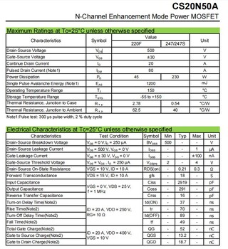 替代W20NK50Z中广芯源高压MOS管CS20N50A20A500VTO247