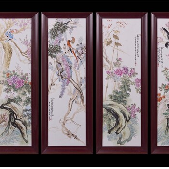 張為邦、江筱琴大師聯(lián)袂創(chuàng)作四季花鳥(niǎo)富貴四條屏瓷板畫