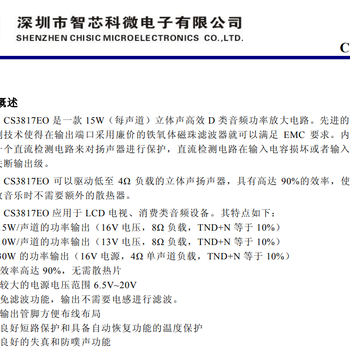CS3817EO-15W立體聲D類音頻功率放大電路